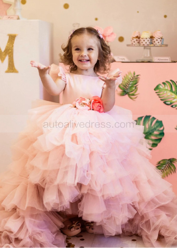 Feifei Sleeves Blush Pink Tulle Ruffled Flower Girl Dress